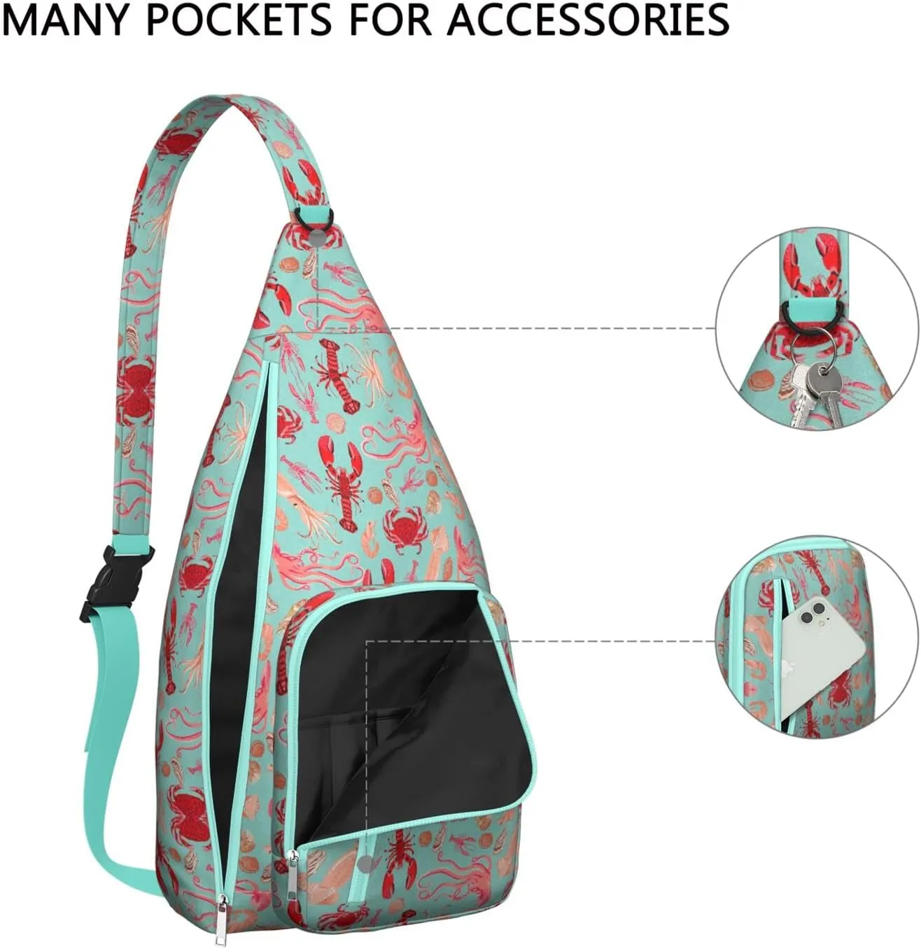 Crab Shrimp Fish Lobster Crossbody Bag Daypack for Women Men Lightweight Waterproof Sling Bag Backpack Hiking Cycling