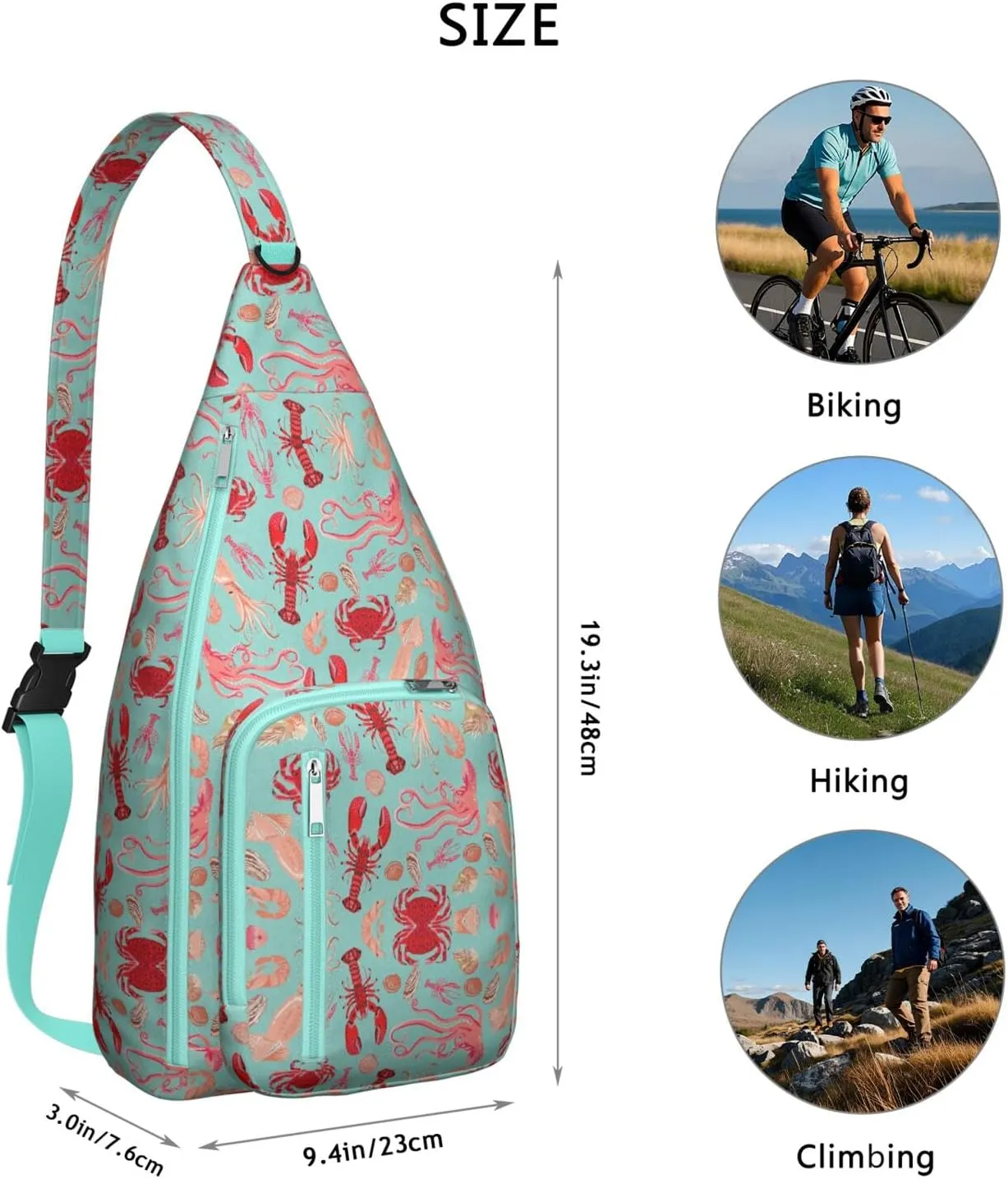 Crab Shrimp Fish Lobster Crossbody Bag Daypack for Women Men Lightweight Waterproof Sling Bag Backpack Hiking Cycling