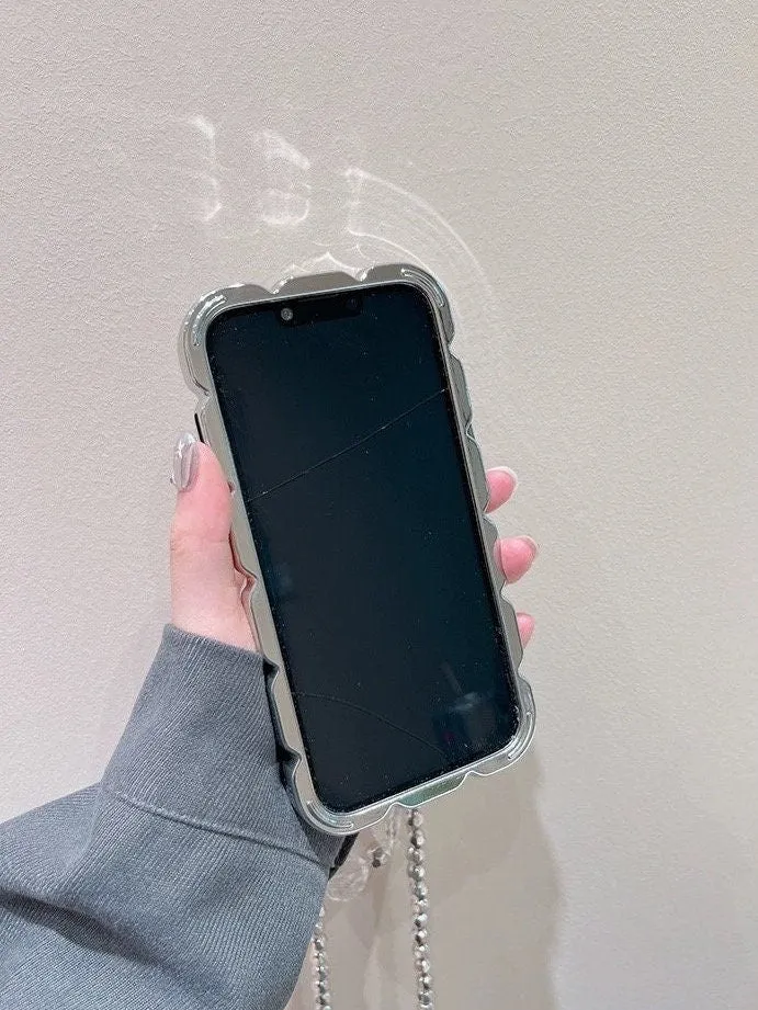 creamtopmall Cute Glossy Electroplated Silver Air Bubble Thick Protective Shockproof iPhone Case   Crossbody Strap for iPhone 11 12 13 14 15 Plus Pro Max