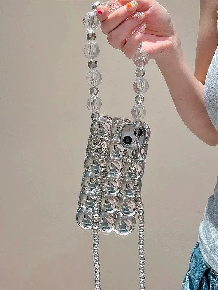 creamtopmall Cute Glossy Electroplated Silver Air Bubble Thick Protective Shockproof iPhone Case   Crossbody Strap for iPhone 11 12 13 14 15 Plus Pro Max