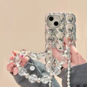creamtopmall Cute Glossy Electroplated Silver Air Bubble Thick Protective Shockproof iPhone Case   Crossbody Strap for iPhone 11 12 13 14 15 Plus Pro Max