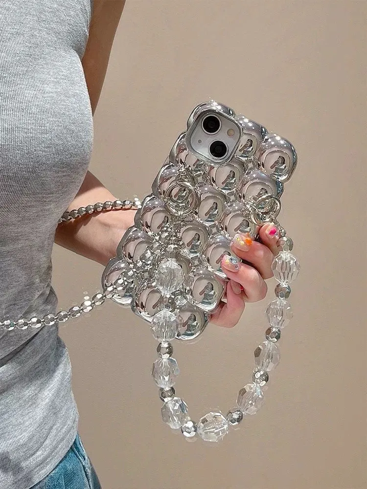 creamtopmall Cute Glossy Electroplated Silver Air Bubble Thick Protective Shockproof iPhone Case   Crossbody Strap for iPhone 11 12 13 14 15 Plus Pro Max
