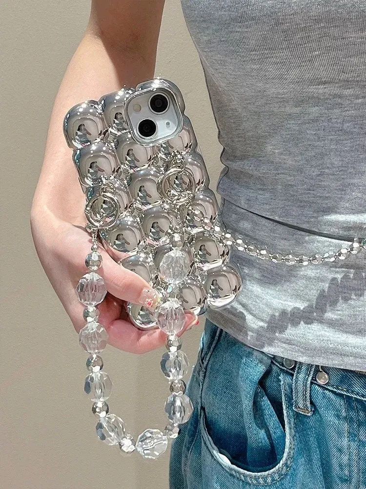 creamtopmall Cute Glossy Electroplated Silver Air Bubble Thick Protective Shockproof iPhone Case   Crossbody Strap for iPhone 11 12 13 14 15 Plus Pro Max