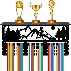 CREATCABIN Running Medal Hanger Display Trophy Shelf Marathon Medal Holder with Shelf Stand Mountain Forest Sports 4 Rows Metal Hanging Wall Mount Frame Hold 70  Medals for Medals Rack 15.7x7.9Inch