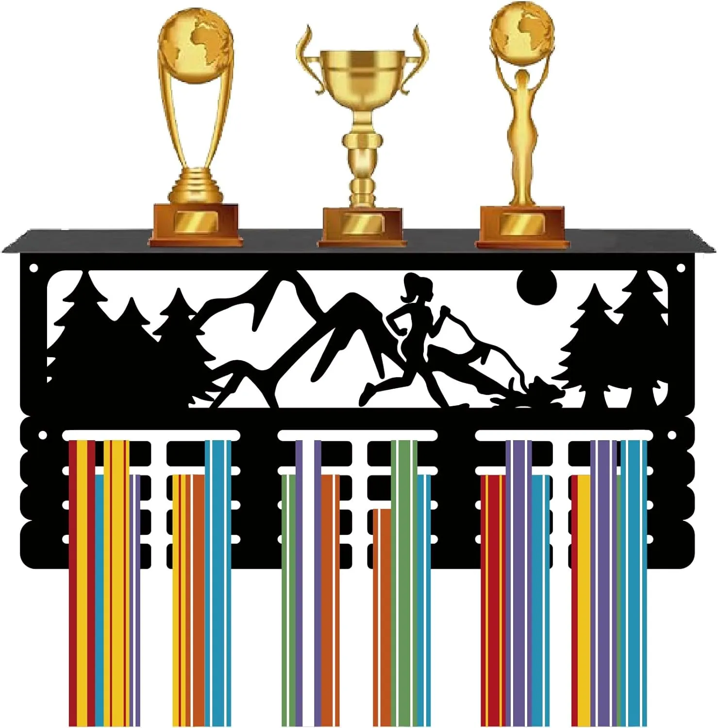 CREATCABIN Running Medal Hanger Display Trophy Shelf Marathon Medal Holder with Shelf Stand Mountain Forest Sports 4 Rows Metal Hanging Wall Mount Frame Hold 70  Medals for Medals Rack 15.7x7.9Inch