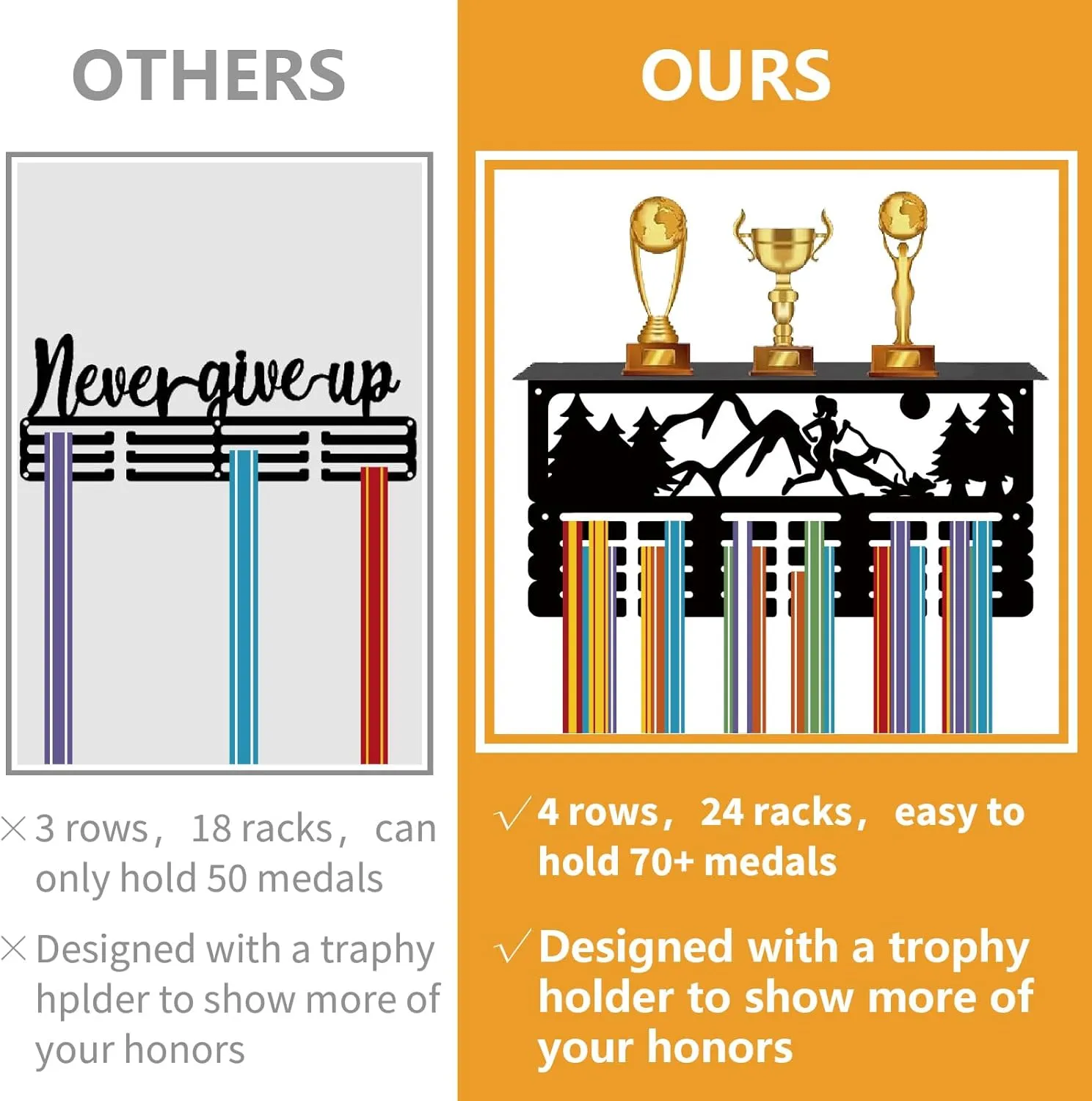 CREATCABIN Running Medal Hanger Display Trophy Shelf Marathon Medal Holder with Shelf Stand Mountain Forest Sports 4 Rows Metal Hanging Wall Mount Frame Hold 70  Medals for Medals Rack 15.7x7.9Inch