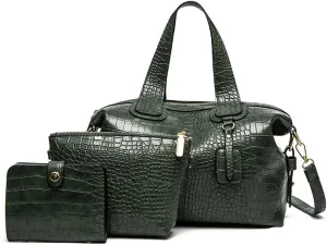 Crocodile Pattern Leather Handbag Set for Women - Large Tote & Crossbody Purse in Brown