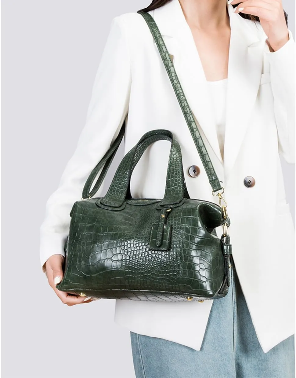 Crocodile Pattern Leather Handbag Set for Women - Large Tote & Crossbody Purse in Brown