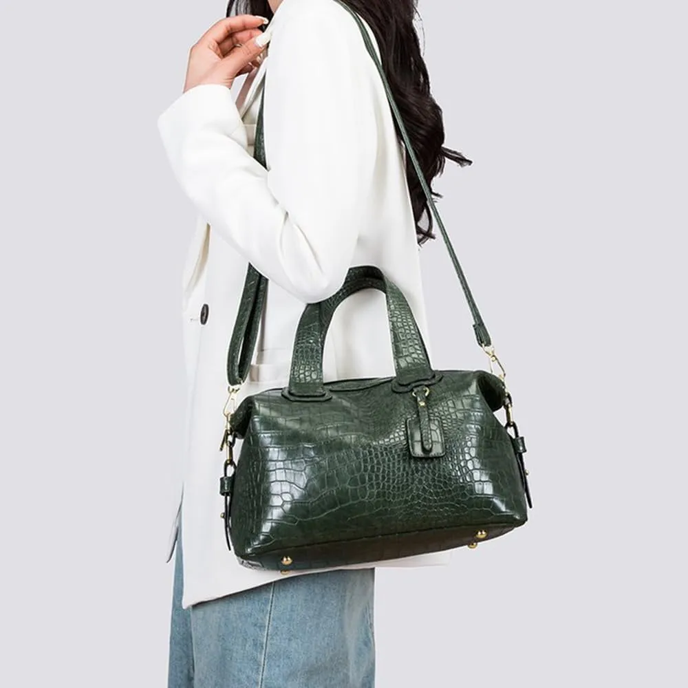 Crocodile Pattern Leather Handbag Set for Women - Large Tote & Crossbody Purse in Brown