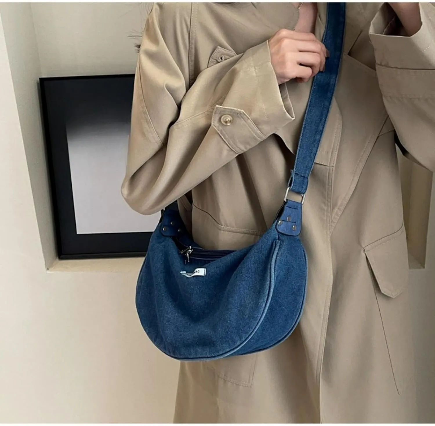 Crossbody Bag for Women, Large Capacity Denim Underarm Single Shoulder Dumpling Bag with Adjustable Straps