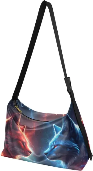 Crossbody Bag Large Capacity Leather Shoulder Bag Zipper Closure with Fabric Strap-Cat Galaxy Mystical Print