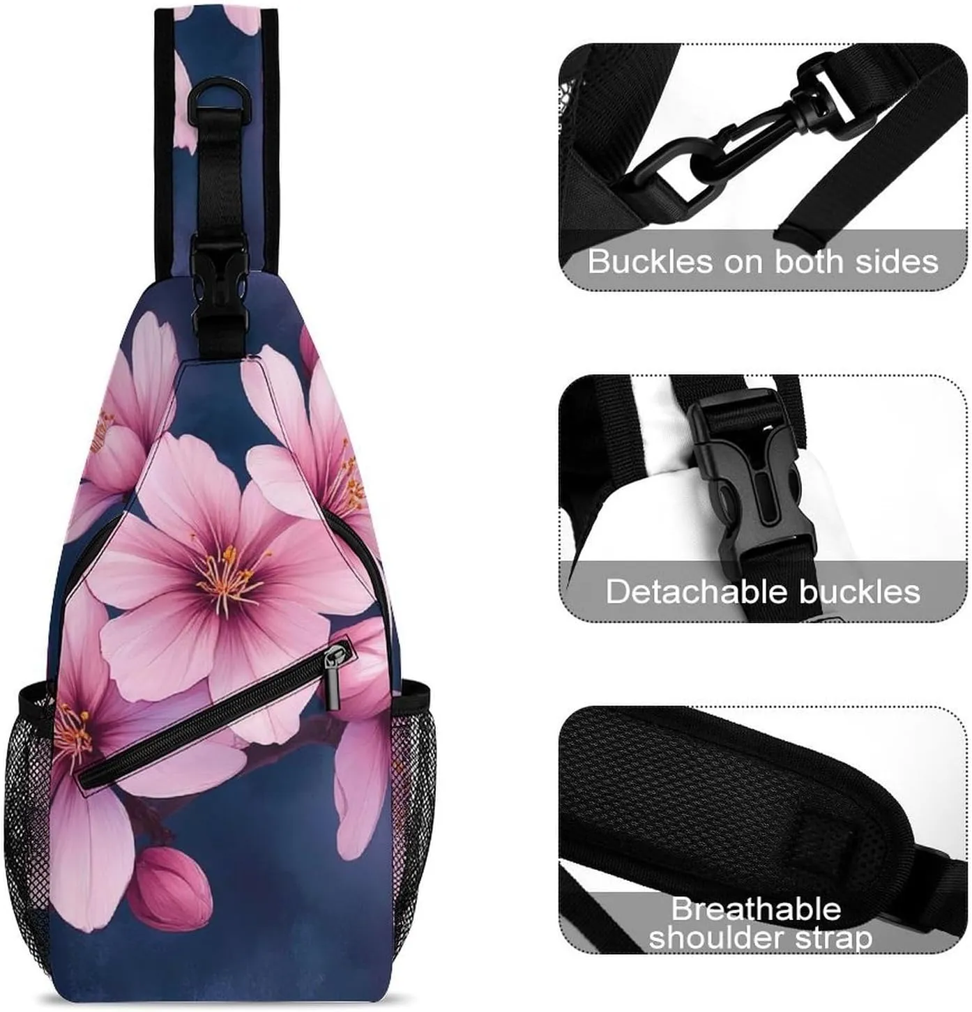 Crossbody Bags for Men, Travel Casual Sling Backpack Watercolor Blossom Japanese Cherry Flowers Gym Chest Bag Large Capacity Shoulder Backpack for Sport