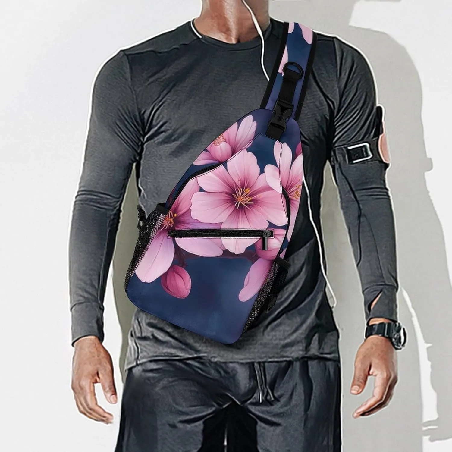 Crossbody Bags for Men, Travel Casual Sling Backpack Watercolor Blossom Japanese Cherry Flowers Gym Chest Bag Large Capacity Shoulder Backpack for Sport