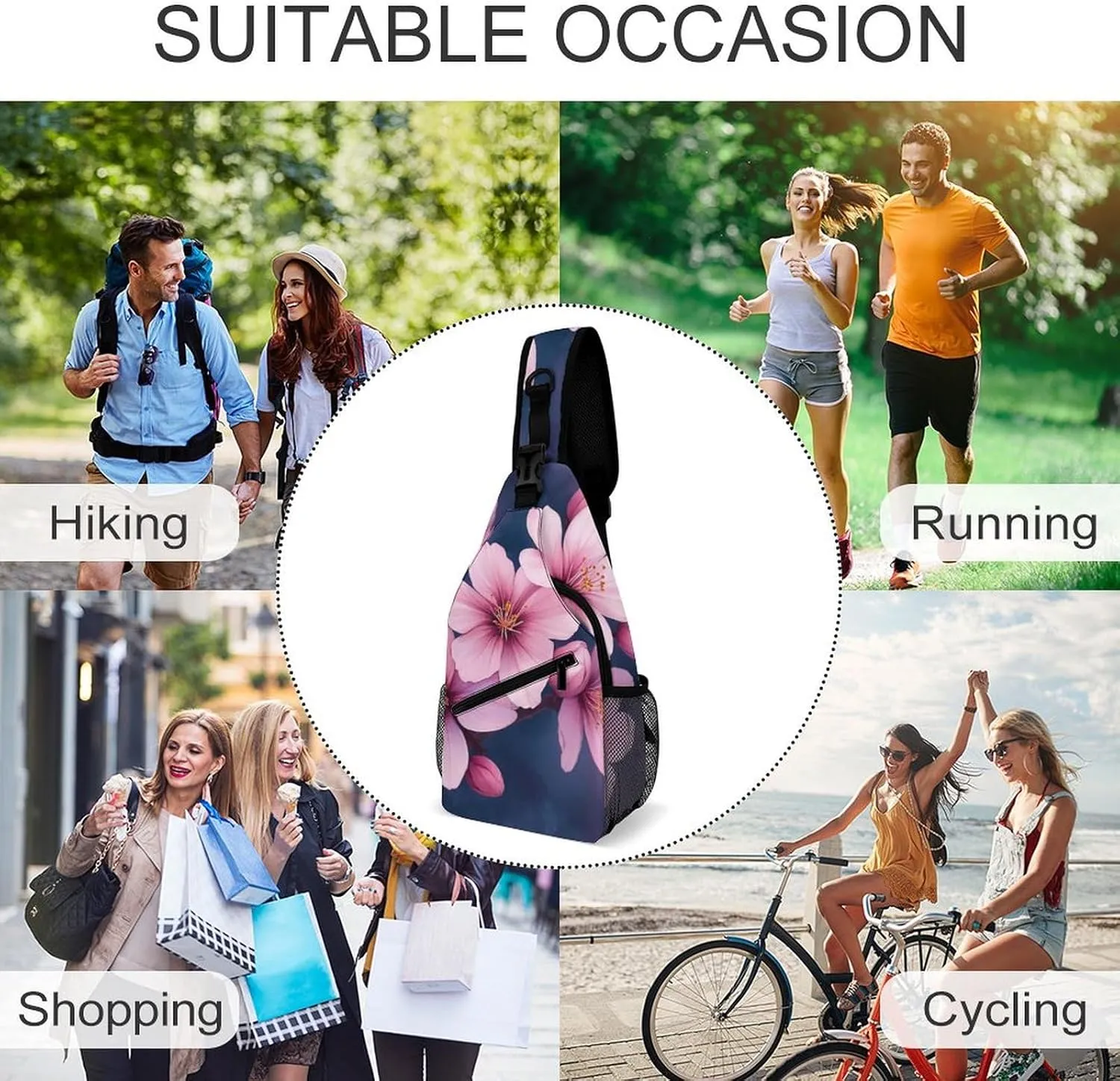 Crossbody Bags for Men, Travel Casual Sling Backpack Watercolor Blossom Japanese Cherry Flowers Gym Chest Bag Large Capacity Shoulder Backpack for Sport