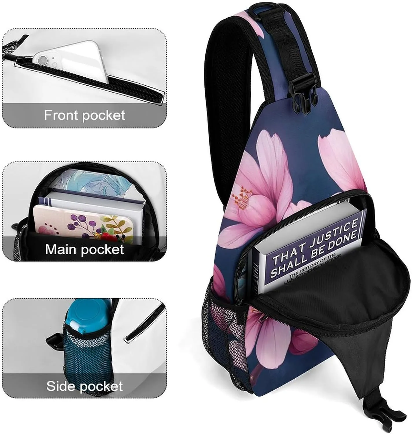 Crossbody Bags for Men, Travel Casual Sling Backpack Watercolor Blossom Japanese Cherry Flowers Gym Chest Bag Large Capacity Shoulder Backpack for Sport