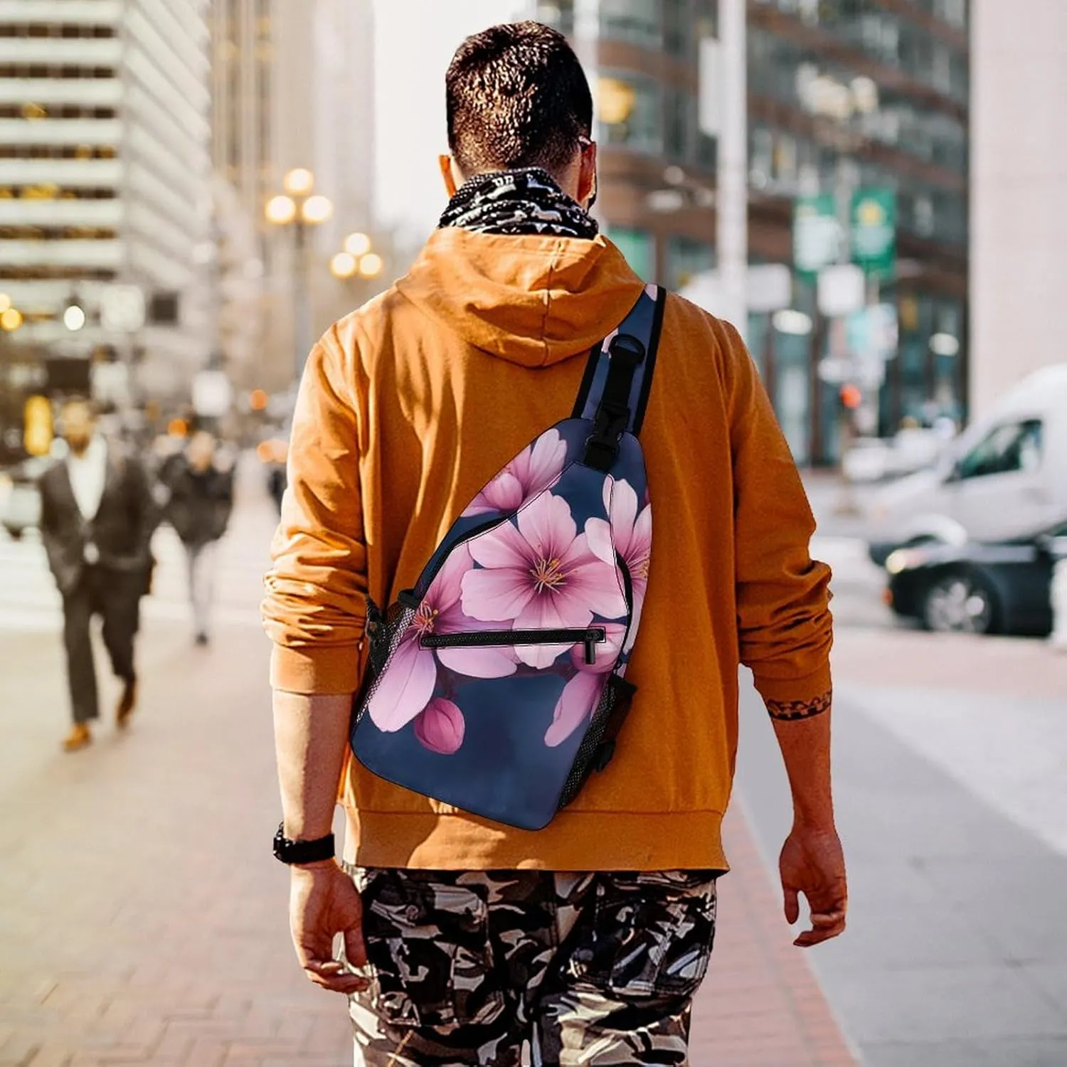 Crossbody Bags for Men, Travel Casual Sling Backpack Watercolor Blossom Japanese Cherry Flowers Gym Chest Bag Large Capacity Shoulder Backpack for Sport