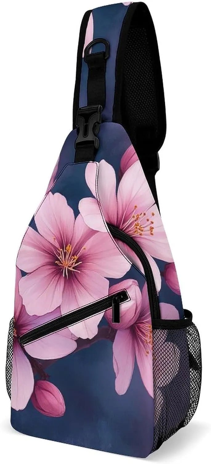 Crossbody Bags for Men, Travel Casual Sling Backpack Watercolor Blossom Japanese Cherry Flowers Gym Chest Bag Large Capacity Shoulder Backpack for Sport