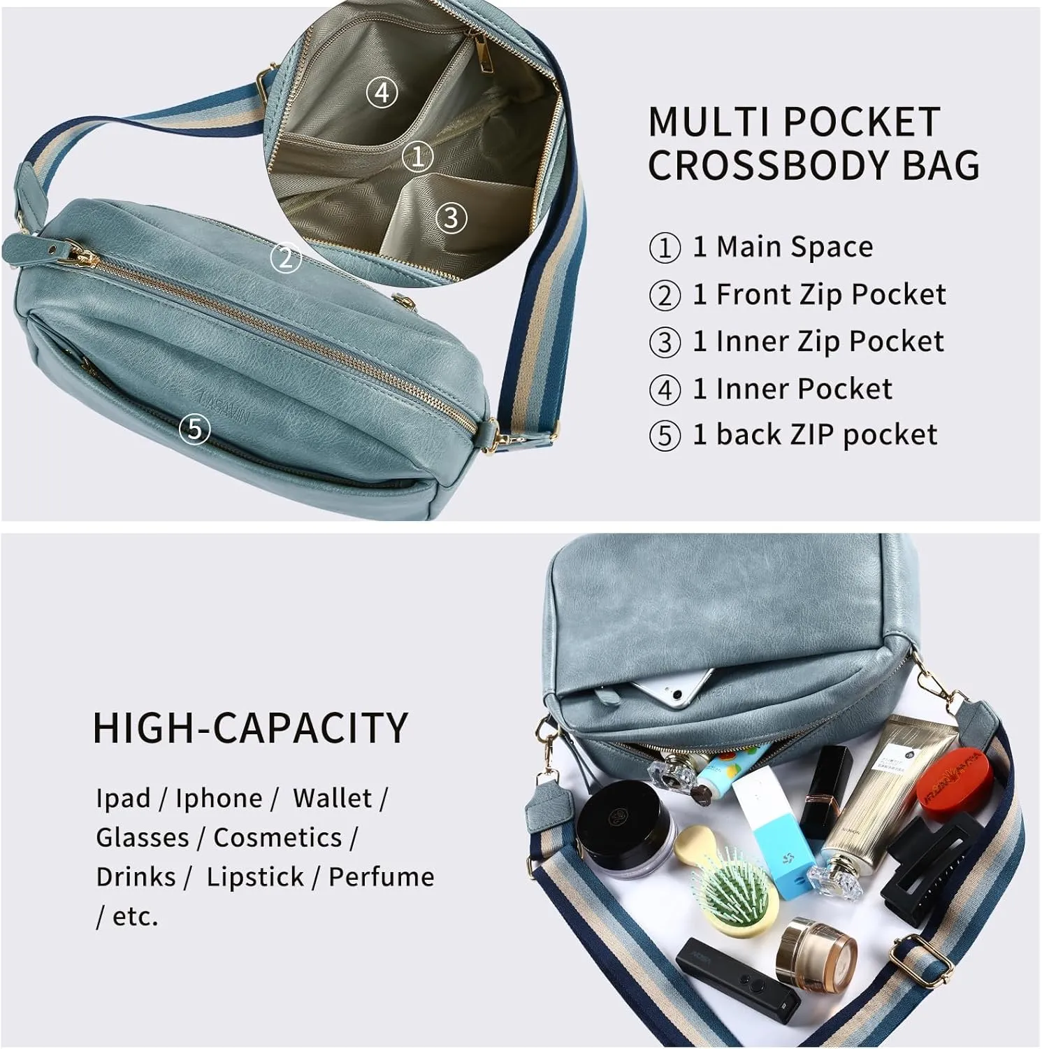 Crossbody Bags for Women, Fashion Large Size Vegan Leather Purse Shoulder Handbag with Adjustable Wide Strap