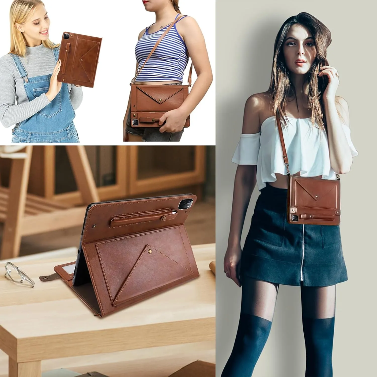 Crossbody Handbag Case for iPad Pro 12.9 inch 6th/5th/4th/3rd Generation 2022/2021/2020/2018 with Pencil Holder/Shoulder Strap/Hand Strap/Stand Envelope Bag Magnetic Wallet Cover, Coffee