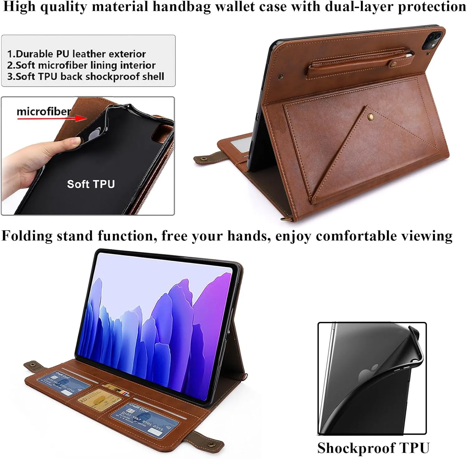 Crossbody Handbag Case for iPad Pro 12.9 inch 6th/5th/4th/3rd Generation 2022/2021/2020/2018 with Pencil Holder/Shoulder Strap/Hand Strap/Stand Envelope Bag Magnetic Wallet Cover, Coffee
