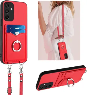 Crossbody Wallet Case for Galaxy A16 5G with Card Holder and Ring Stand Kickstand Wrist Strap Lanyard Handbag Purse Phone Case Cover for Samsung Galaxy A16 5G. Red YKB