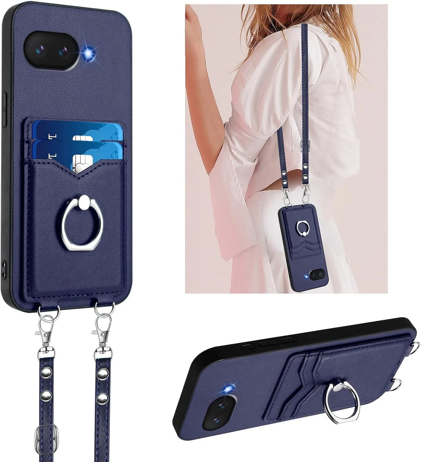 Crossbody Wallet Case for Google Pixel 9A with Card Holder and Ring Stand Kickstand Wrist Strap Lanyard Handbag Purse Phone Case Cover for Google Pixel 9A. Blue YKB