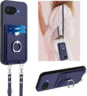 Crossbody Wallet Case for Google Pixel 9A with Card Holder and Ring Stand Kickstand Wrist Strap Lanyard Handbag Purse Phone Case Cover for Google Pixel 9A. Blue YKB