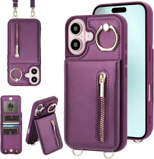 Crossbody Wallet Case for iPhone 16, with Card Slots Zipper Pocket Case, Flip Folio Purse RFID Blocking with Ring Kickstand Detachable Strap-Lavender
