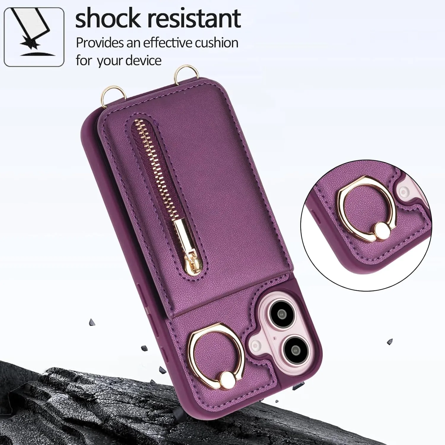 Crossbody Wallet Case for iPhone 16, with Card Slots Zipper Pocket Case, Flip Folio Purse RFID Blocking with Ring Kickstand Detachable Strap-Lavender