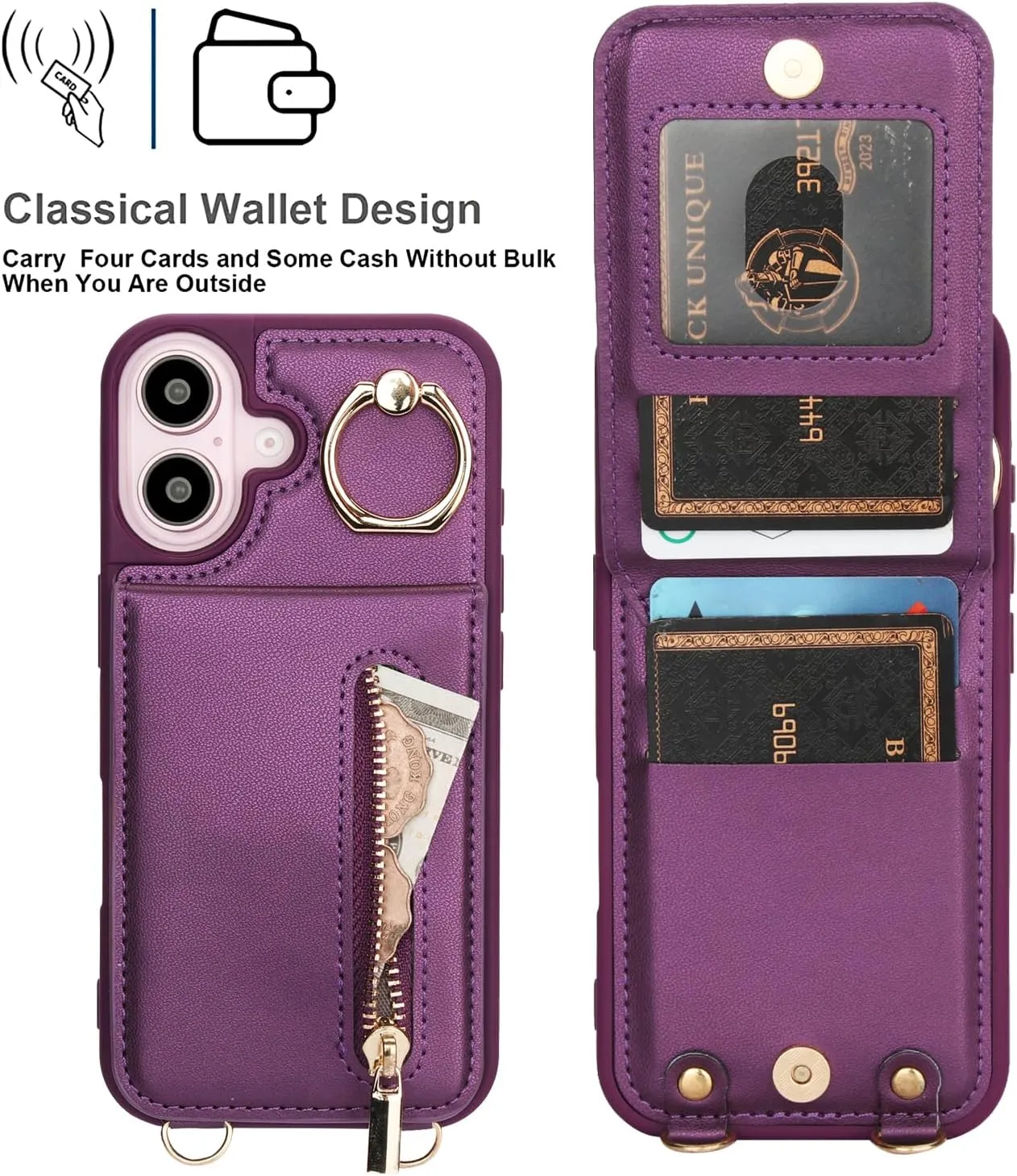 Crossbody Wallet Case for iPhone 16, with Card Slots Zipper Pocket Case, Flip Folio Purse RFID Blocking with Ring Kickstand Detachable Strap-Lavender