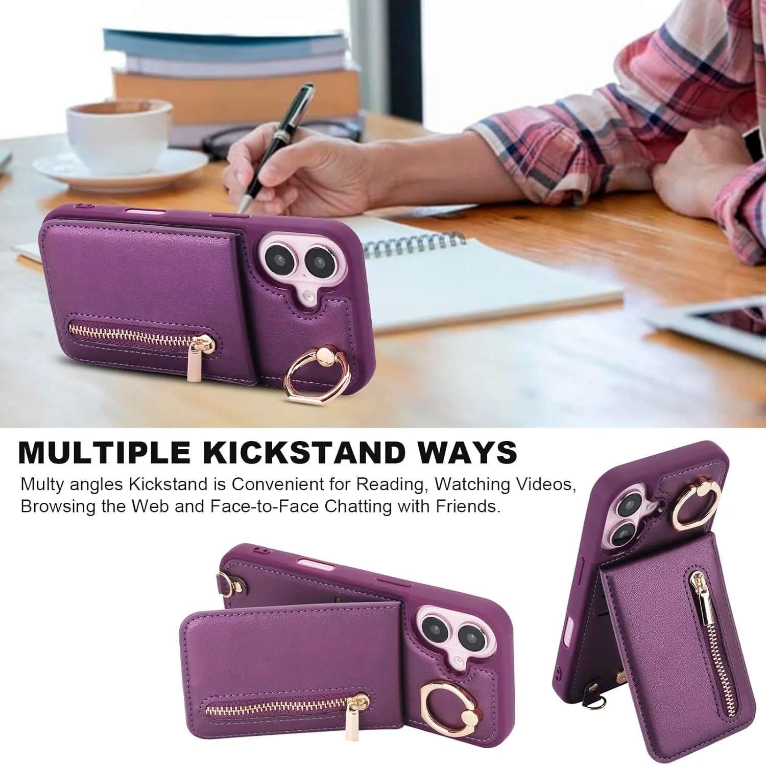 Crossbody Wallet Case for iPhone 16, with Card Slots Zipper Pocket Case, Flip Folio Purse RFID Blocking with Ring Kickstand Detachable Strap-Lavender