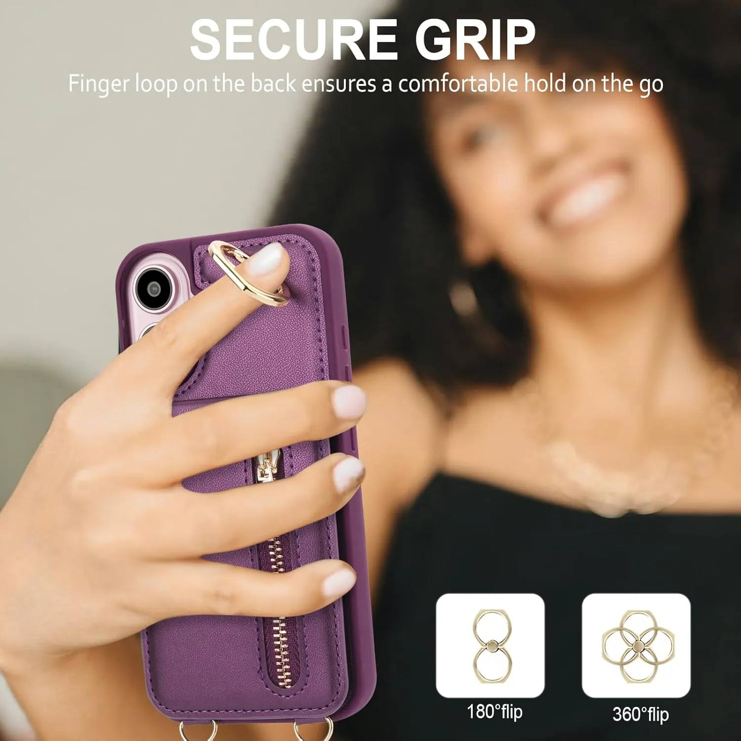 Crossbody Wallet Case for iPhone 16, with Card Slots Zipper Pocket Case, Flip Folio Purse RFID Blocking with Ring Kickstand Detachable Strap-Lavender
