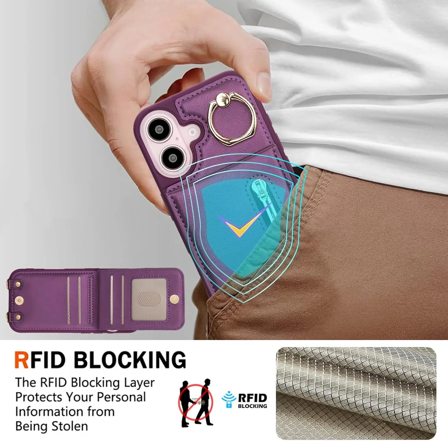 Crossbody Wallet Case for iPhone 16, with Card Slots Zipper Pocket Case, Flip Folio Purse RFID Blocking with Ring Kickstand Detachable Strap-Lavender
