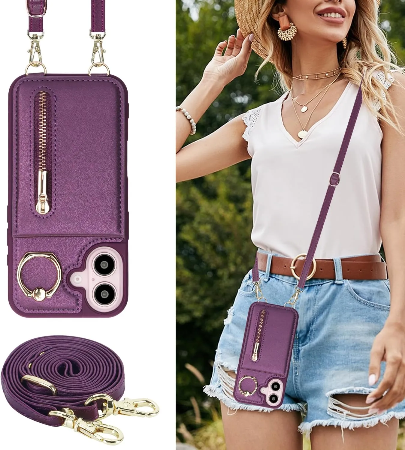 Crossbody Wallet Case for iPhone 16, with Card Slots Zipper Pocket Case, Flip Folio Purse RFID Blocking with Ring Kickstand Detachable Strap-Lavender