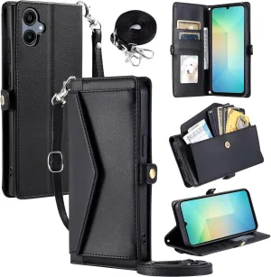 Crossbody Wallet Case for Samsung Galaxy A05 with Wrist Strap Shoulder Strap Card Holder Shockproof Soft PU Leather Magnetic Snap Pocket Stand Cell Accessories Phone Cover Ao5 A 05 Women Black
