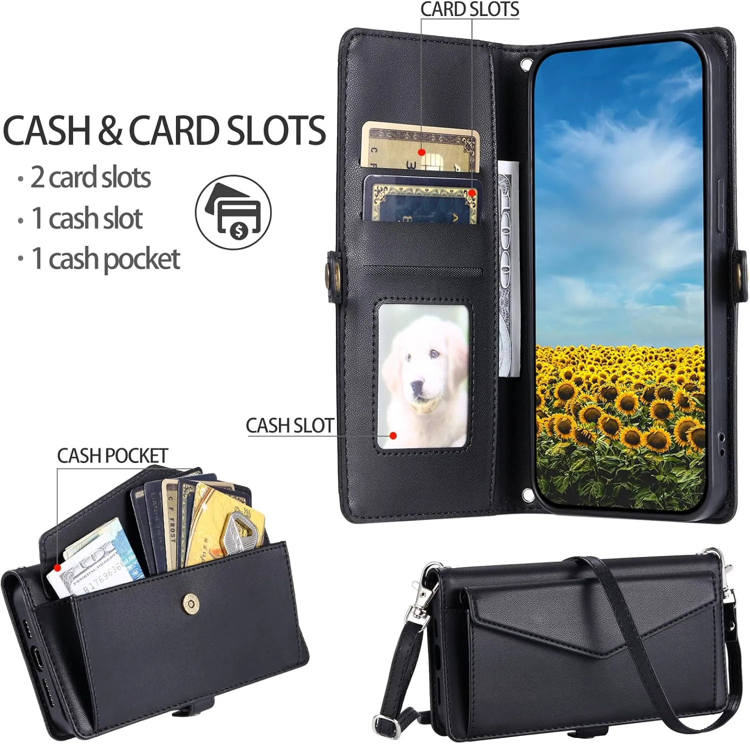 Crossbody Wallet Case for Samsung Galaxy A05 with Wrist Strap Shoulder Strap Card Holder Shockproof Soft PU Leather Magnetic Snap Pocket Stand Cell Accessories Phone Cover Ao5 A 05 Women Black