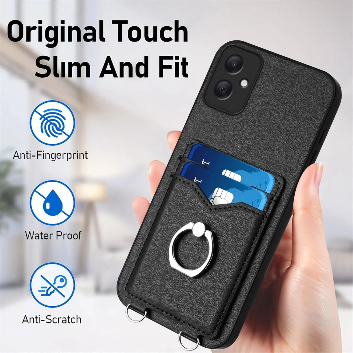 Crossbody Wallet Case for Samsung Galaxy A06 with Card Holder and Ring Stand Kickstand Wrist Strap Lanyard Handbag Purse Phone Case Cover for Samsung Galaxy A06. Black YKB