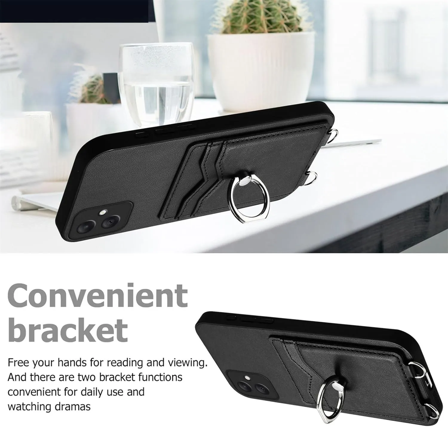 Crossbody Wallet Case for Samsung Galaxy A06 with Card Holder and Ring Stand Kickstand Wrist Strap Lanyard Handbag Purse Phone Case Cover for Samsung Galaxy A06. Black YKB