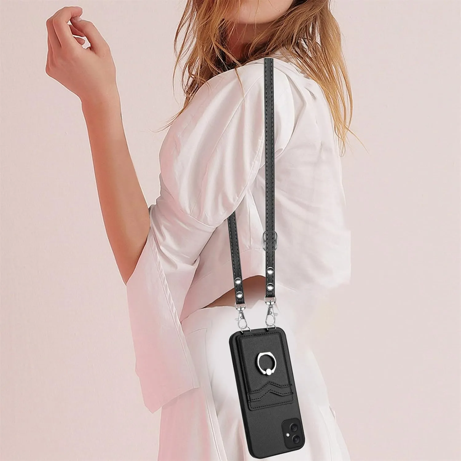Crossbody Wallet Case for Samsung Galaxy A06 with Card Holder and Ring Stand Kickstand Wrist Strap Lanyard Handbag Purse Phone Case Cover for Samsung Galaxy A06. Black YKB