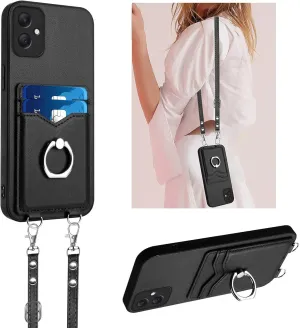 Crossbody Wallet Case for Samsung Galaxy A06 with Card Holder and Ring Stand Kickstand Wrist Strap Lanyard Handbag Purse Phone Case Cover for Samsung Galaxy A06. Black YKB