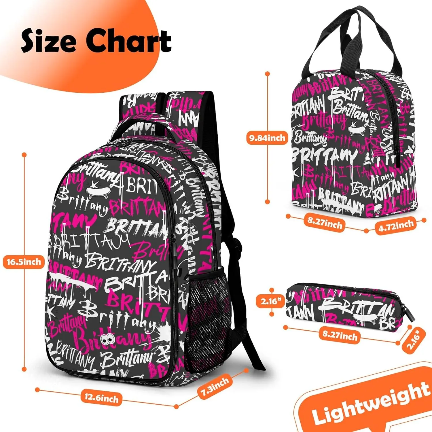 Custom Backpack for Girls, Lightweight Backpack Set with Lunch Bag and Pencil Case 3 pcs, Schoolbag for Elementary Junior High Students 6-8 10-12 14-16, Pink Graffiti