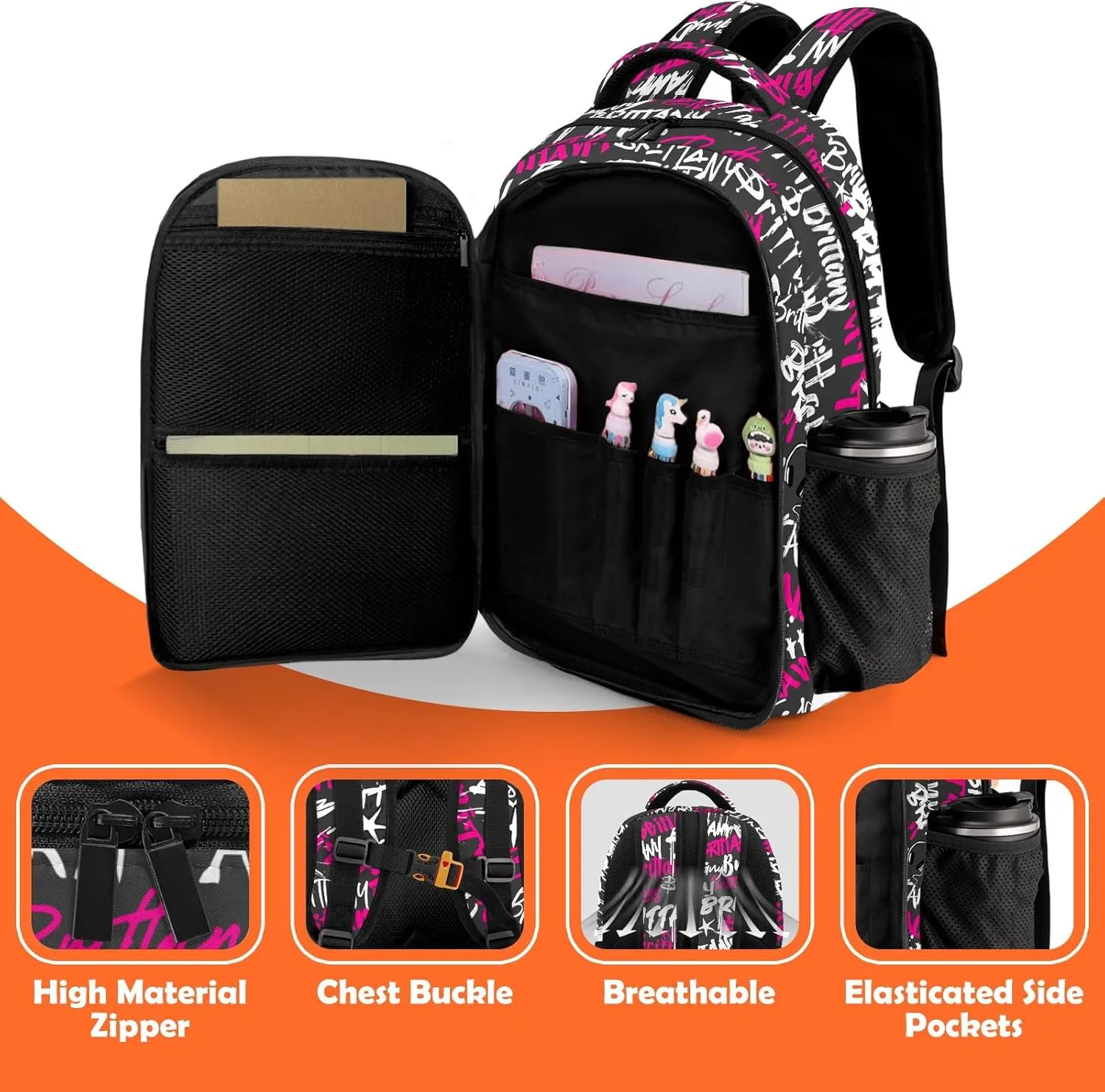 Custom Backpack for Girls, Lightweight Backpack Set with Lunch Bag and Pencil Case 3 pcs, Schoolbag for Elementary Junior High Students 6-8 10-12 14-16, Pink Graffiti