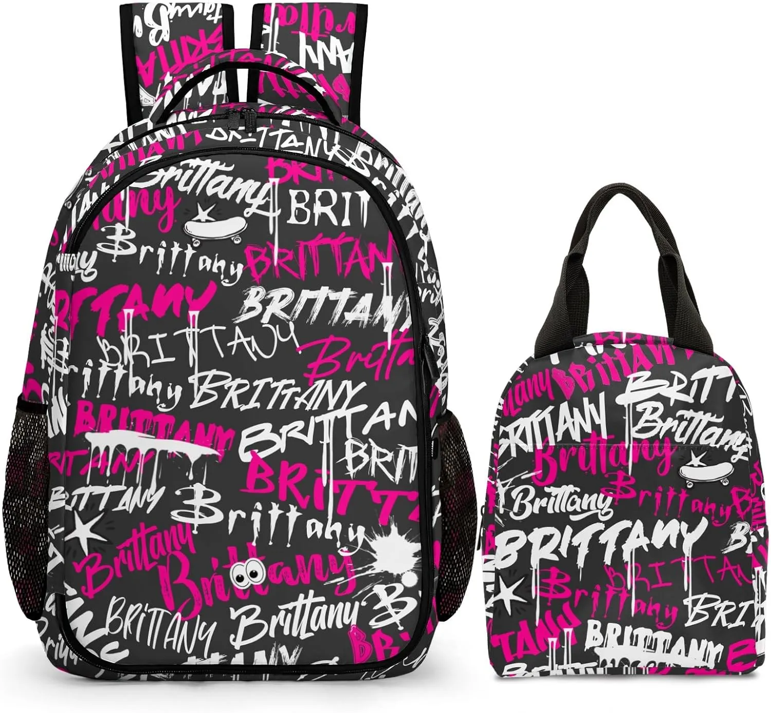Custom Backpack for Girls, Lightweight Backpack Set with Lunch Bag and Pencil Case 3 pcs, Schoolbag for Elementary Junior High Students 6-8 10-12 14-16, Pink Graffiti