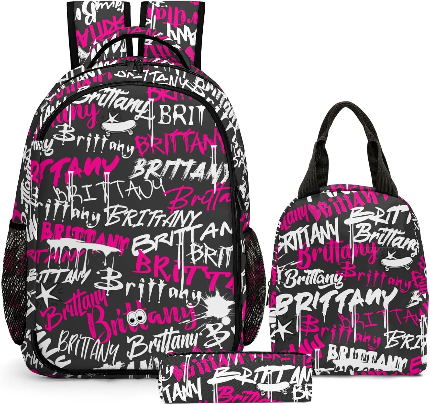 Custom Backpack for Girls, Lightweight Backpack Set with Lunch Bag and Pencil Case 3 pcs, Schoolbag for Elementary Junior High Students 6-8 10-12 14-16, Pink Graffiti