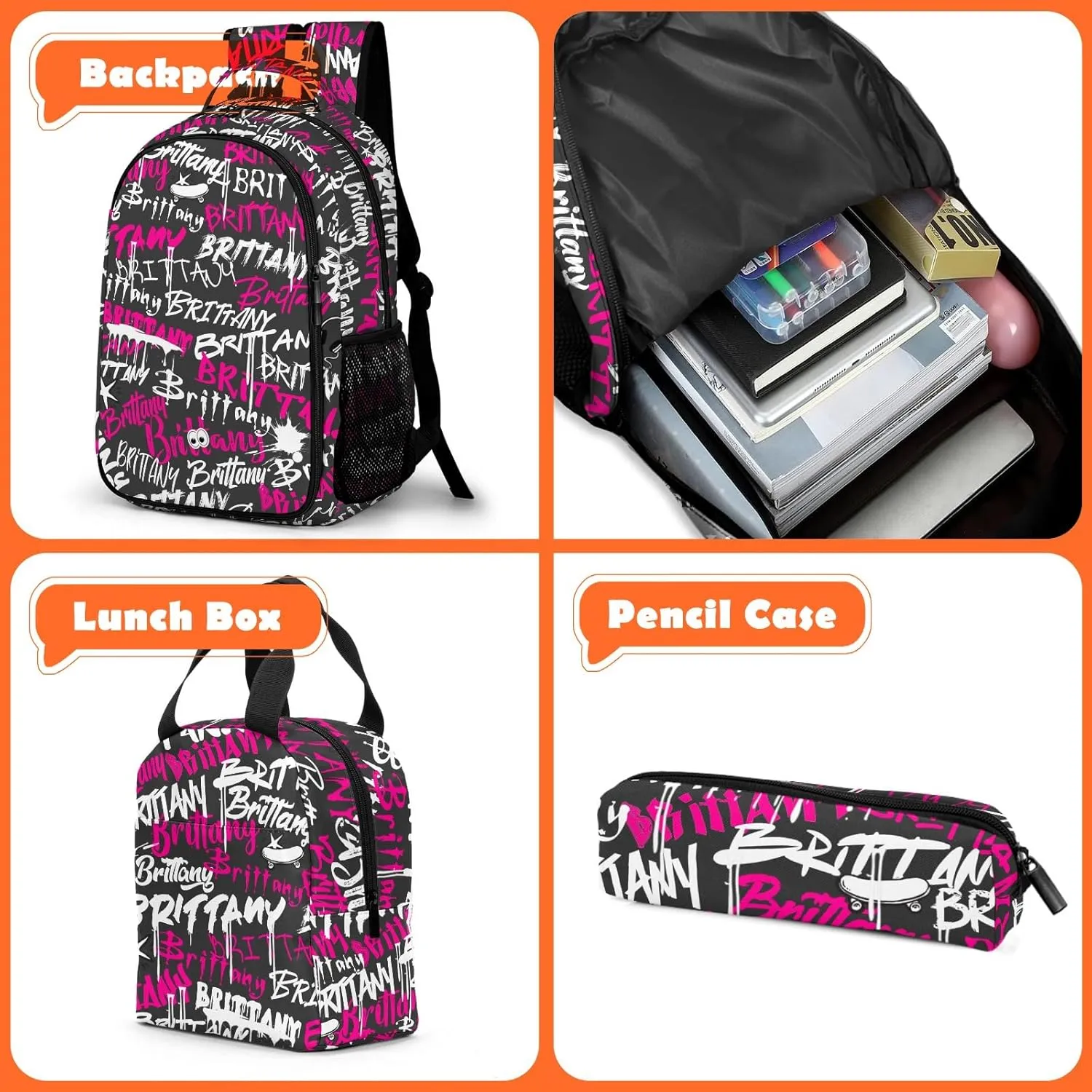 Custom Backpack for Girls, Lightweight Backpack Set with Lunch Bag and Pencil Case 3 pcs, Schoolbag for Elementary Junior High Students 6-8 10-12 14-16, Pink Graffiti