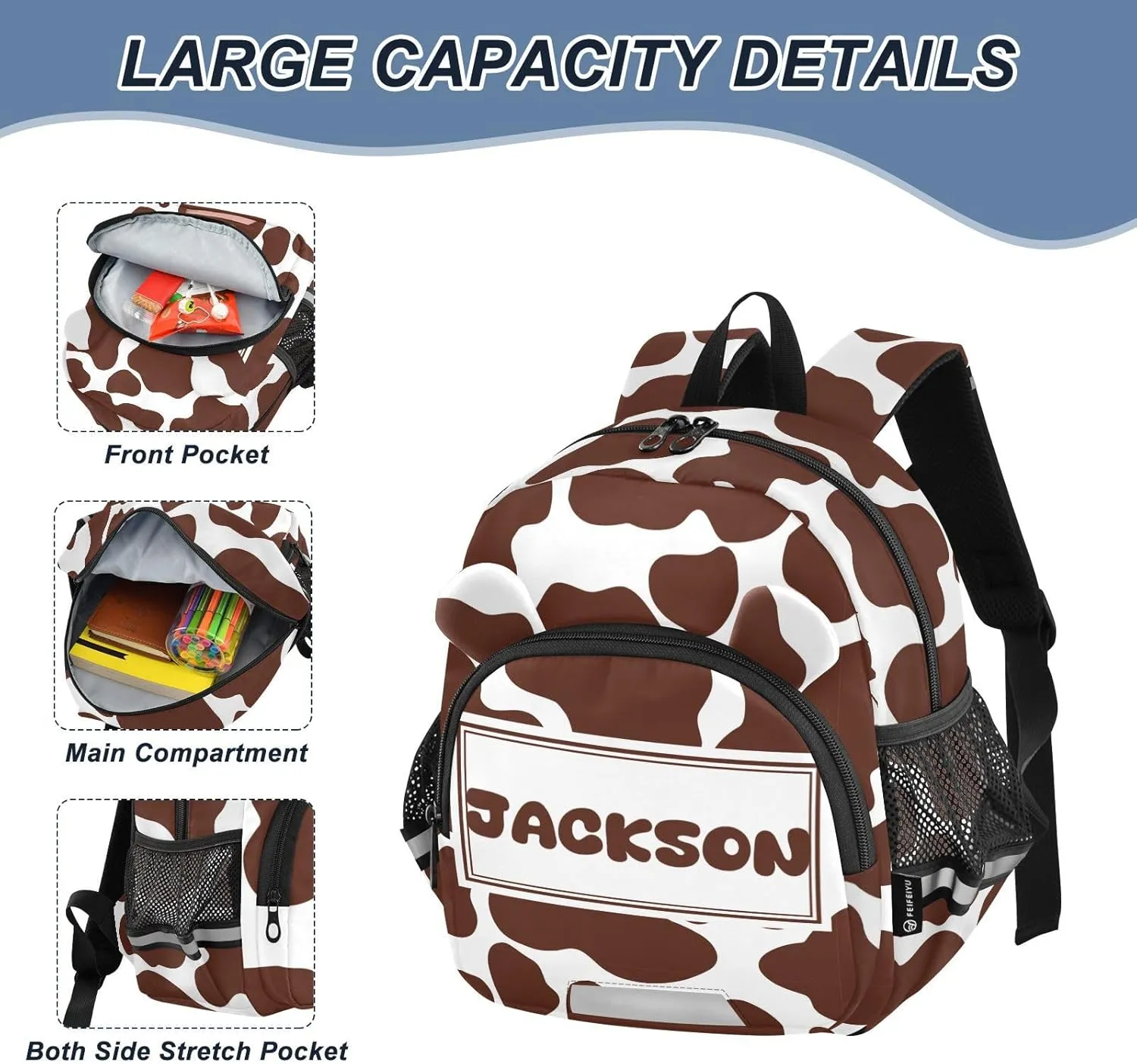 Custom Cow Preschool Backpack White Colors Daycare Bookbag School Backpack with Traction Rope Fashion Casual Cartoon School Travel Picnic Birthday for Kids 3-6