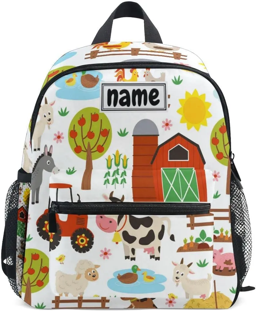 Custom Kid's Name Backpack, Farm Animals Cow Pig Sheep Horse Donkey Toddler Backpack for Daycare Travel, Personalized Name Preschool Bookbags for Boys Girls