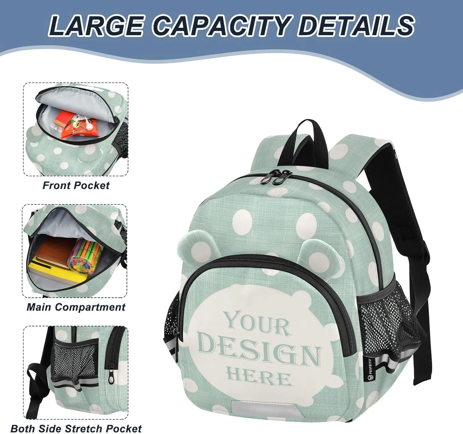Custom Mint Green Preschool Backpack Polka Dot White Daycare Bookbag School Backpack with Traction Rope Fashion Casual Cartoon School Travel Picnic Birthday for Kids 3-6