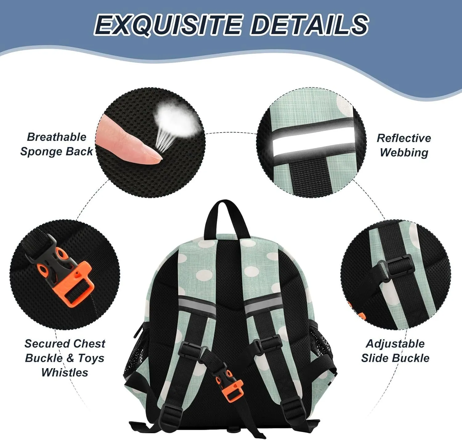 Custom Mint Green Preschool Backpack Polka Dot White Daycare Bookbag School Backpack with Traction Rope Fashion Casual Cartoon School Travel Picnic Birthday for Kids 3-6
