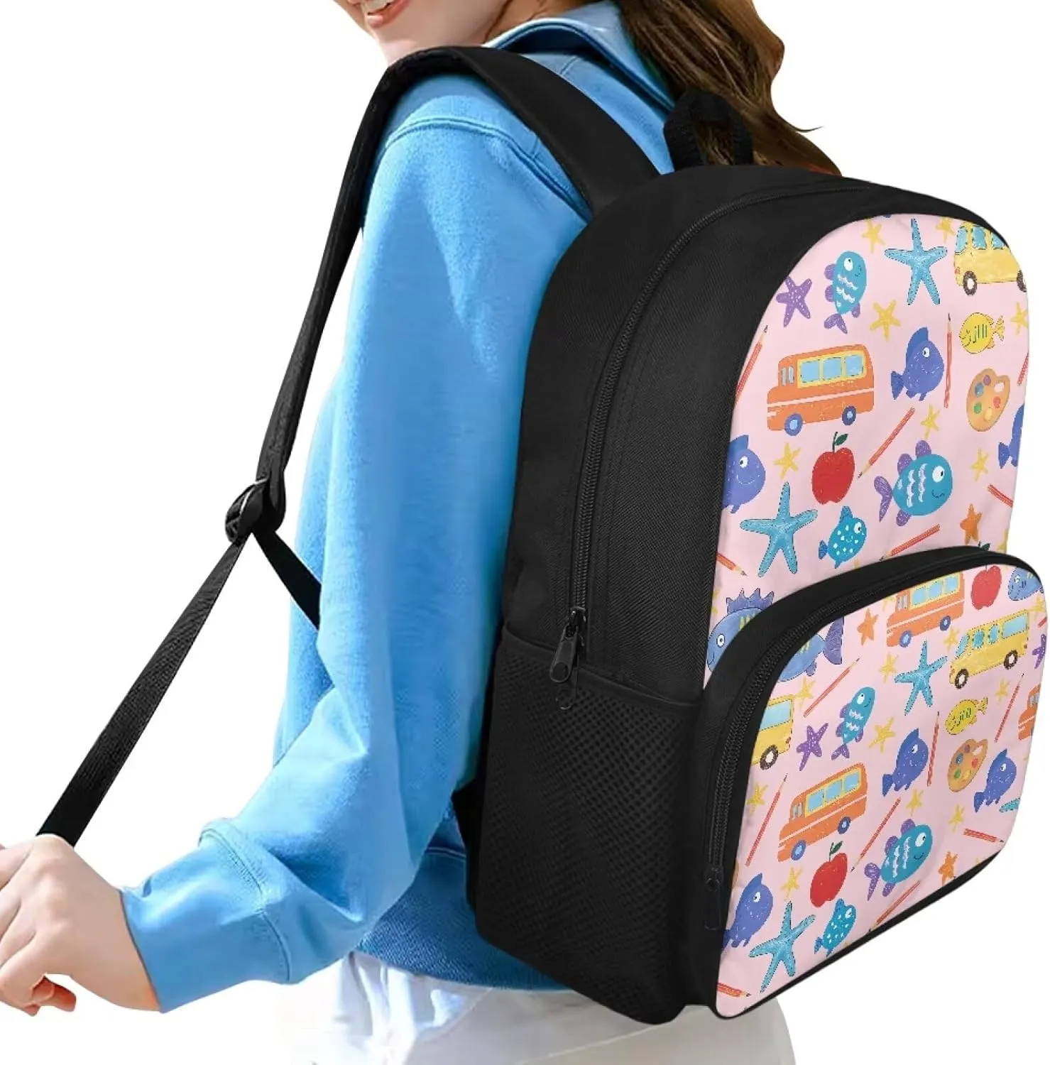 Custom Name Starfish Print Kids Backpack for Ages 10-12, 15.7x11x6.3 Inch Durable Bag with Front Zipper, Side Mesh Pockets, Internal Organizer, Bag for School Supplies & Birthday Gifts
